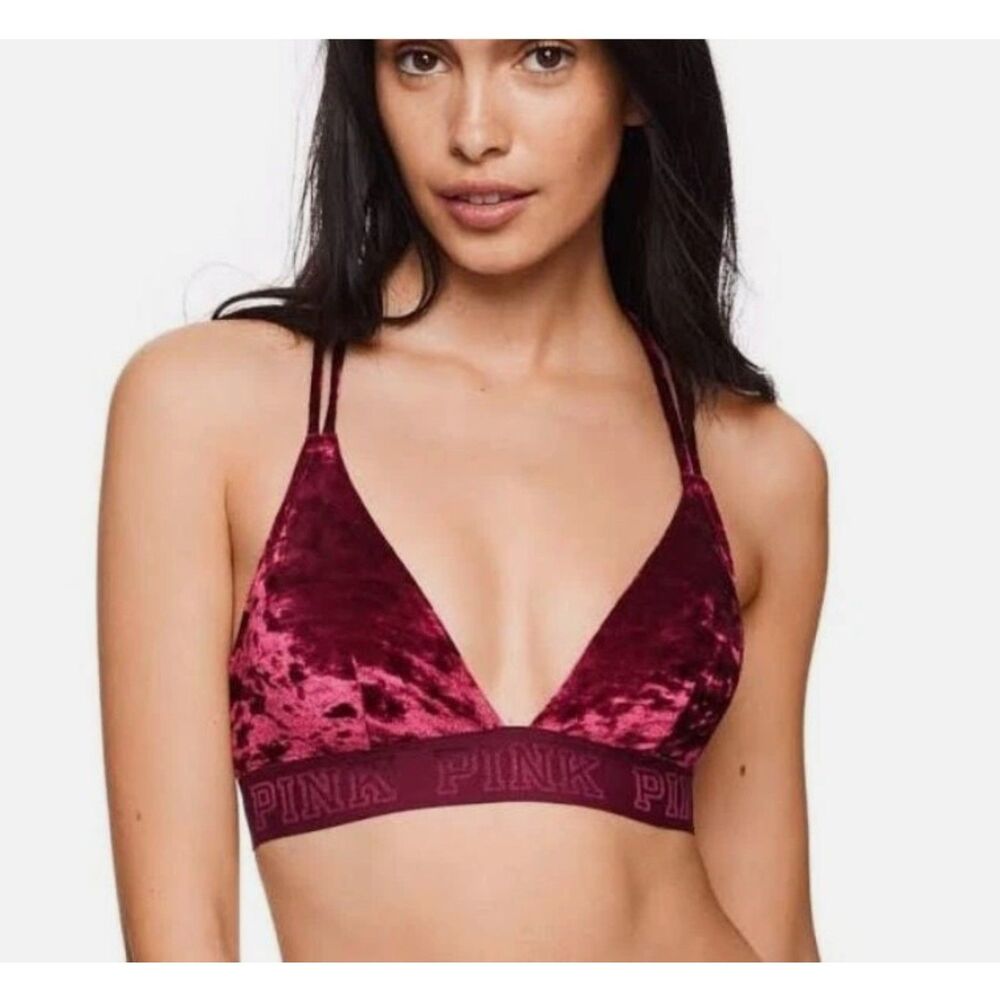 PINK VICTORIAS SECRET Burgundy Sz Small Strappy Soft Velvet Wirefree Sports Bra